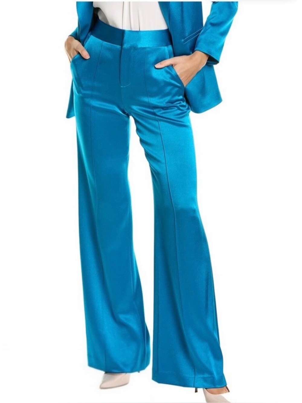 Alice + Olivia Dylan Turkish Blue Satin High Waist Wide Leg Pants 2 Glam